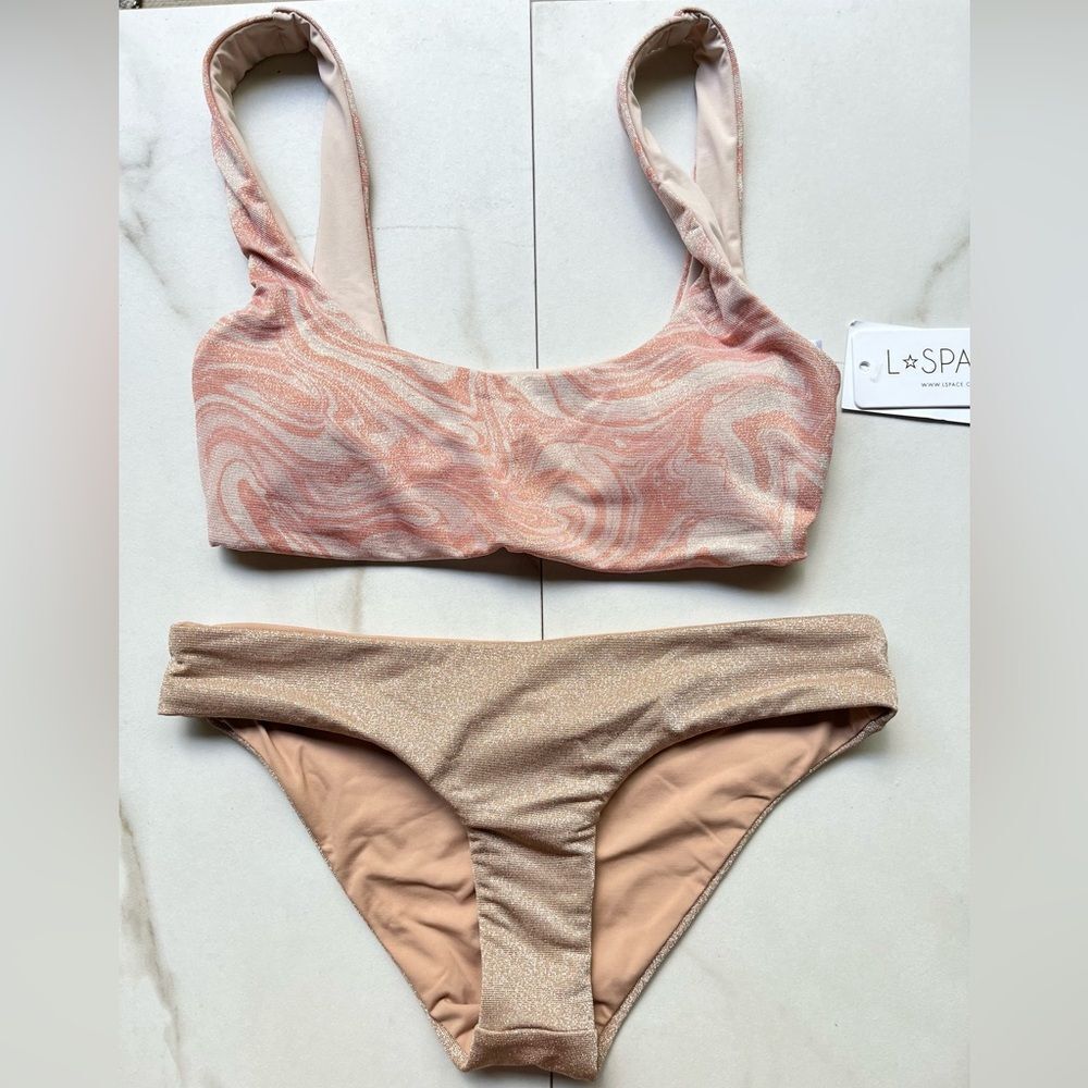 Nwt l*space shimmer nude tan champagne sandy bikini bottom Lizzie top asu marble